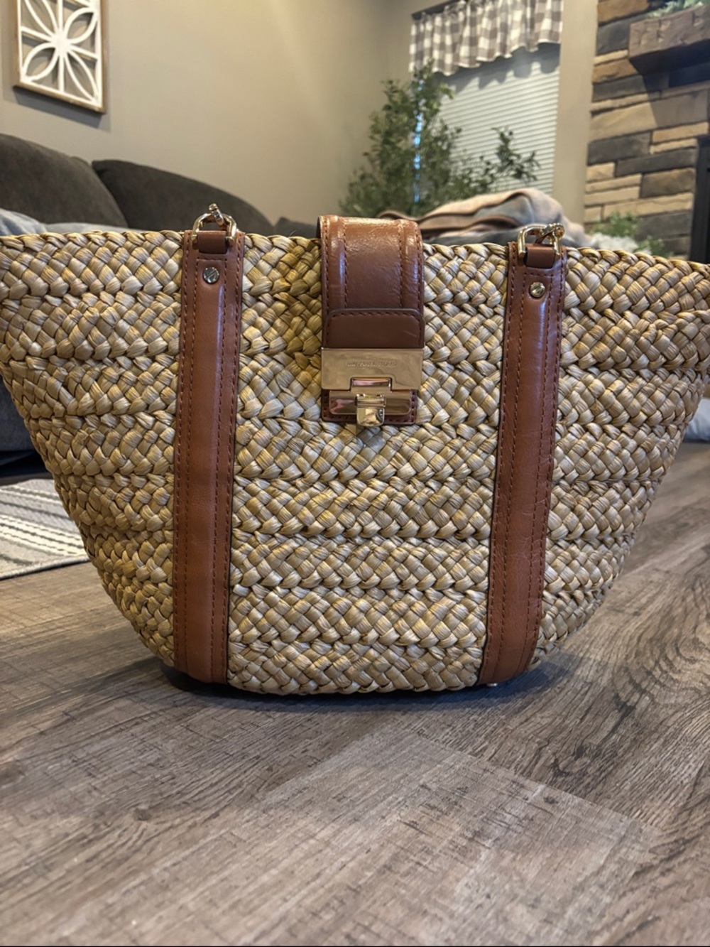 Woven Straw Michael Kors Tote with Brown Leather Trim